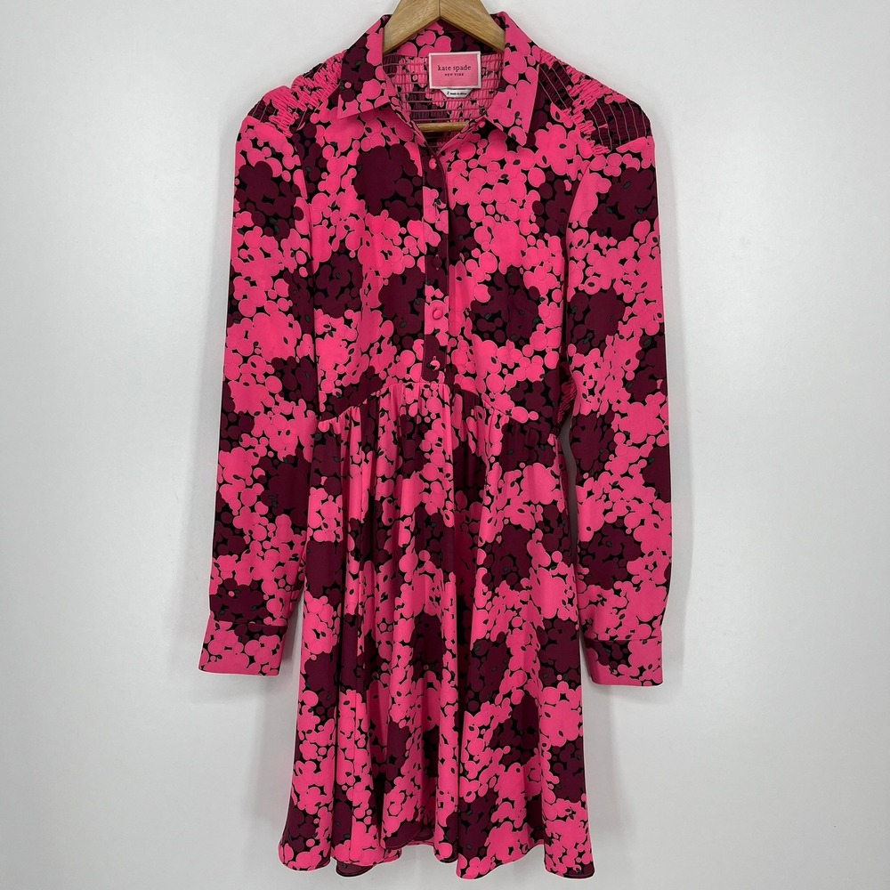 Kate Spade New York Pink Burgundy Bubble Floral Smocked Mini Dress Womens Size 2